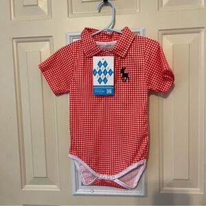 Schoneberger Red and White Baby Bodysuit with Embroidered Logo